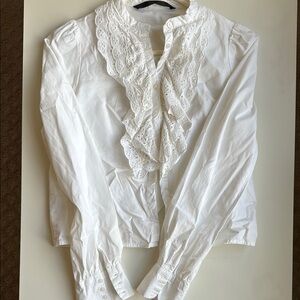 Zara White Long Sleeve Ruffled Blouse